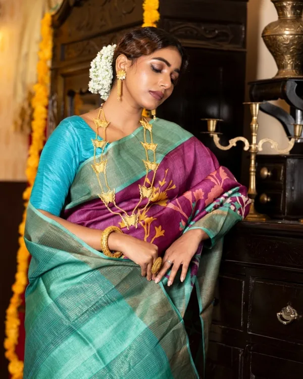 Nakshipar Off White, Sea Green, Brown Pagely Design on Magenta Colour Zari Border Tussar Saree