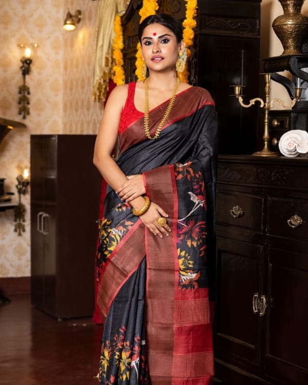 Nakshipar Multicolour Pagely Design on Black Zari Border Tussar Saree