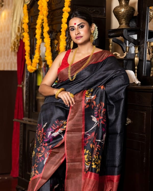 Nakshipar Multicolour Pagely Design on Black Zari Border Tussar Saree