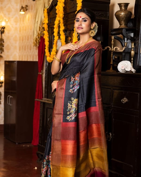 Nakshipar Multicolour Floral Design on Black Zari Border Tussar Saree