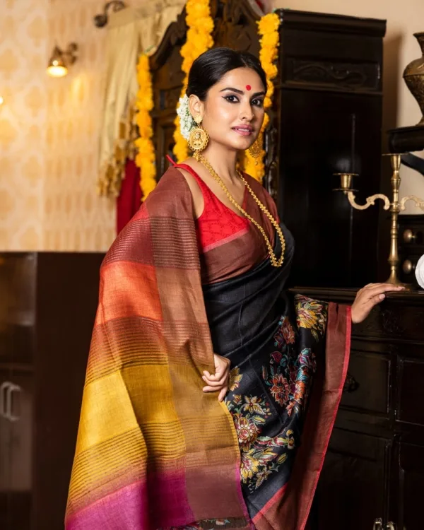 Nakshipar Multicolour Floral Design on Black Zari Border Tussar Saree