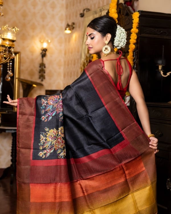 Nakshipar Multicolour Floral Design on Black Zari Border Tussar Saree