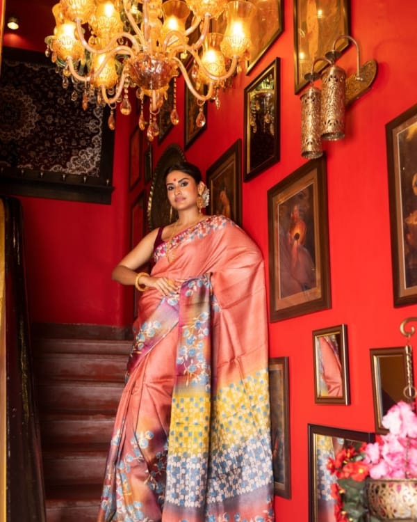 Nakshipar Gray Floral Print on Multicolour & Peach Tussar Saree