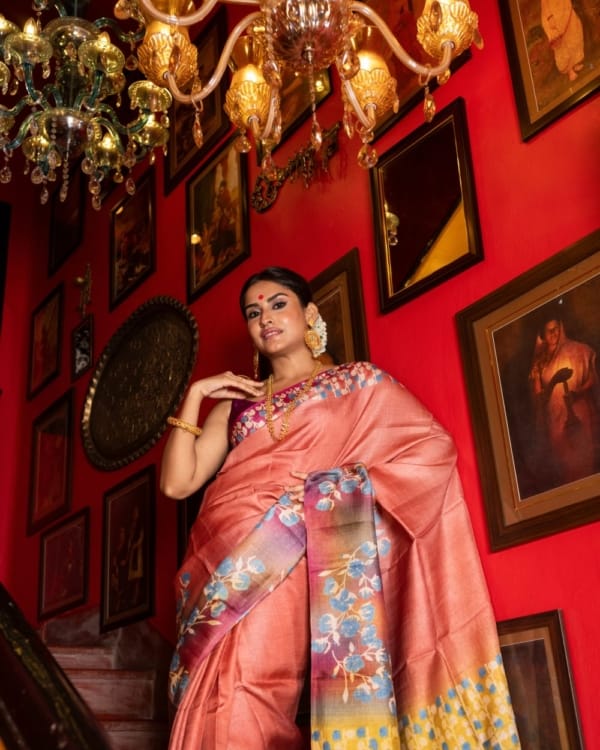 Nakshipar Gray Floral Print on Multicolour & Peach Tussar Saree