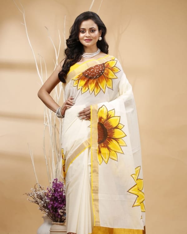 Nakshipar's Big Floral Handpaint with Yellow, Orange & Brown on Zari Border White Kerala Cotton