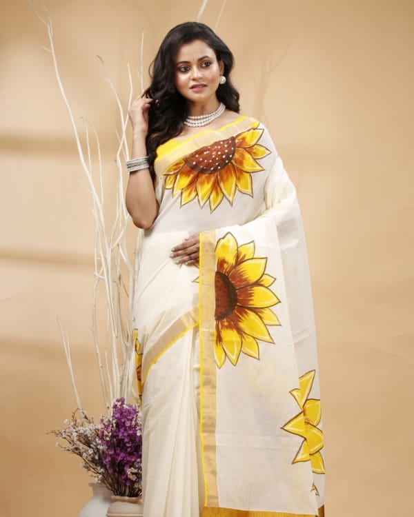 Nakshipar's Big Floral Handpaint with Yellow, Orange & Brown on Zari Border White Kerala Cotton