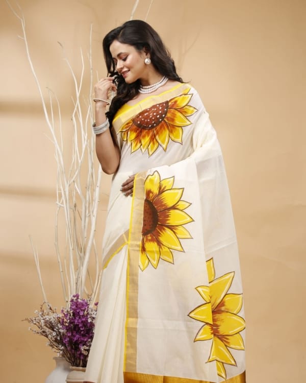 Nakshipar's Big Floral Handpaint with Yellow, Orange & Brown on Zari Border White Kerala Cotton