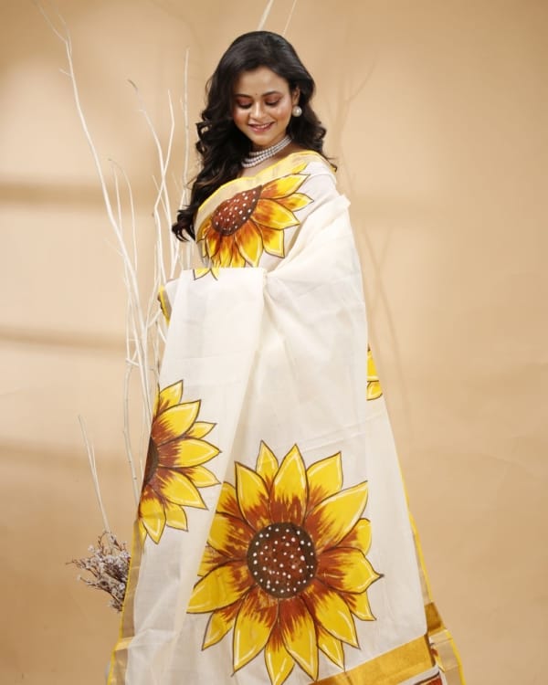 Nakshipar's Big Floral Handpaint with Yellow, Orange & Brown on Zari Border White Kerala Cotton