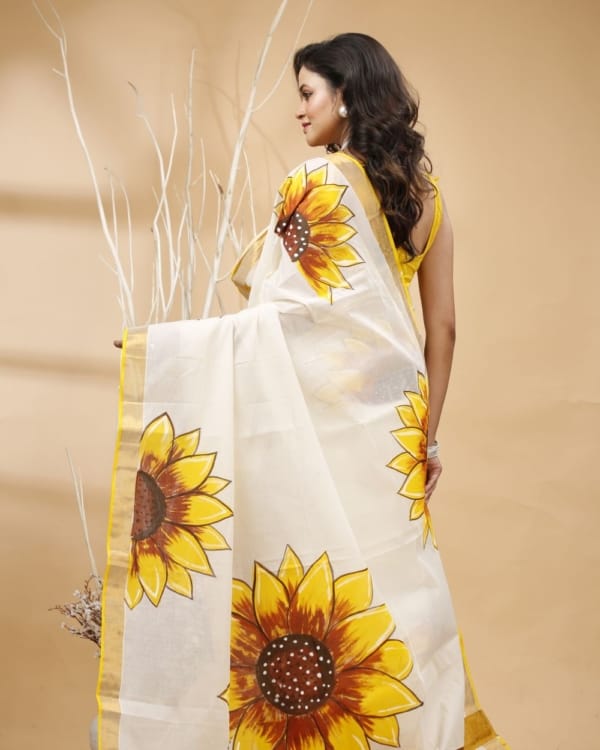 Nakshipar's Big Floral Handpaint with Yellow, Orange & Brown on Zari Border White Kerala Cotton