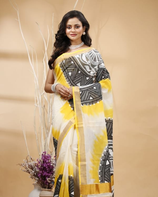 yellow-black-with-hand-paint-zari-border-kerala-cotton-saree