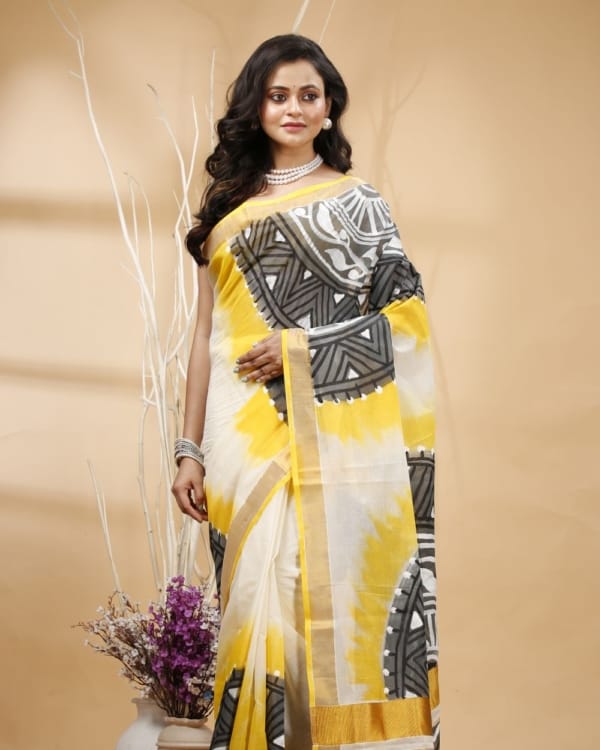 yellow-black-with-hand-paint-zari-border-kerala-cotton-saree