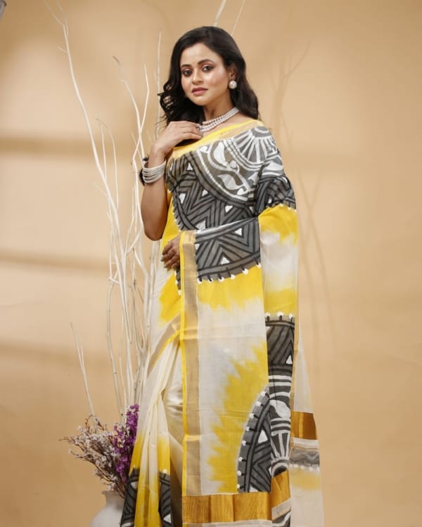 yellow-black-with-hand-paint-zari-border-kerala-cotton-saree