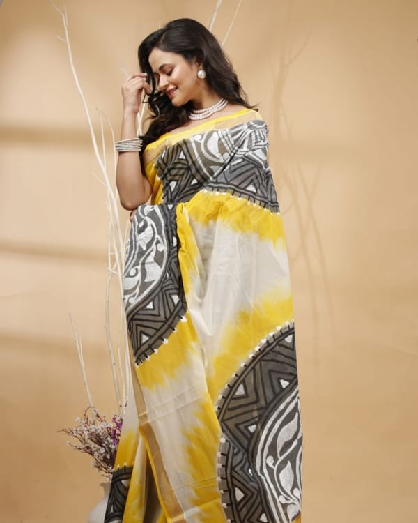 yellow-black-with-hand-paint-zari-border-kerala-cotton-saree