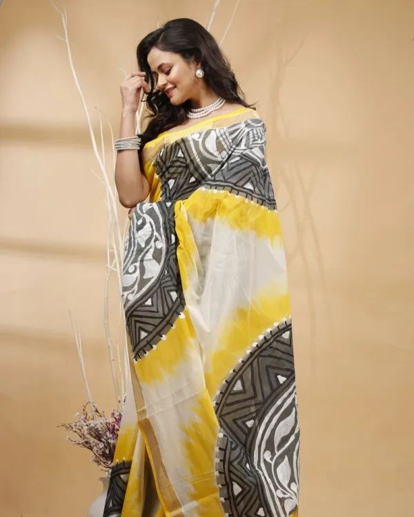 Nakshipar's Yellow, Black with Off White Hand Paint on White Zari Border Kerala Cotton Saree