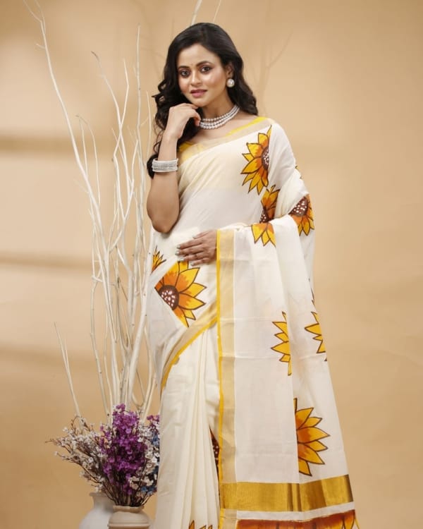 Nakshipar's Multicolour Floral Design on White Zari Border Kerala Cotton Saree