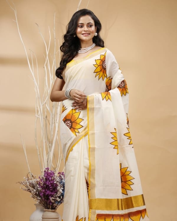 Nakshipar's Multicolour Floral Design on White Zari Border Kerala Cotton Saree