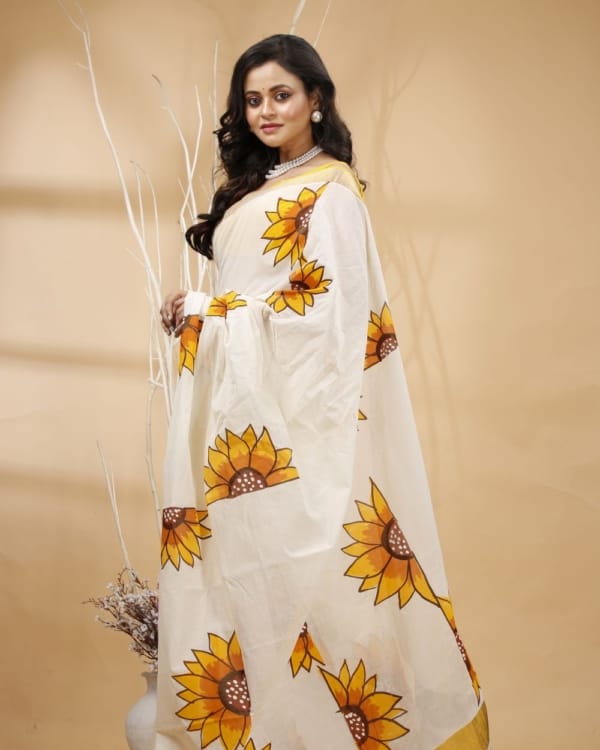 Nakshipar's Multicolour Floral Design on White Zari Border Kerala Cotton Saree