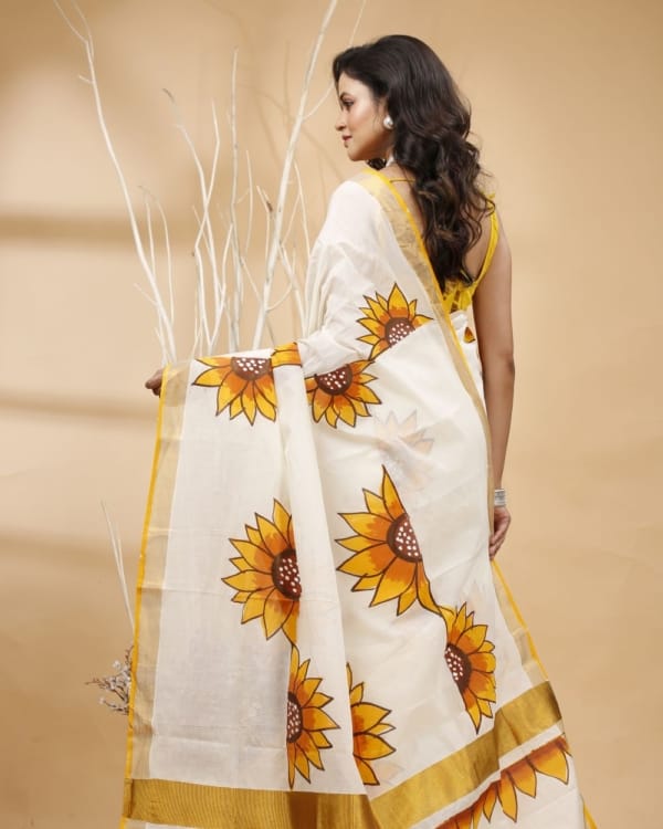 Multicolour Floral Design on White Zari Border Kerala Cotton Saree