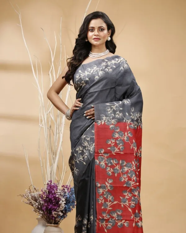 Nakshipar's Gray & Off White Floral Printed Tussar Saree with Red Pallu