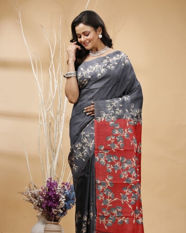 Nakshipar's Gray & Off White Floral Printed Tussar Saree with Red Pallu