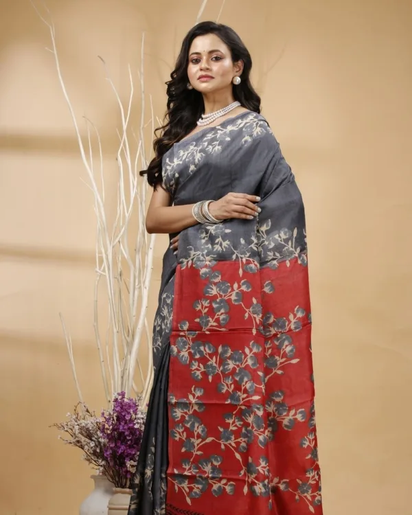 Nakshipar's Gray & Off White Floral Printed Tussar Saree with Red Pallu