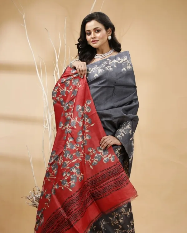 Nakshipar's Gray & Off White Floral Printed Tussar Saree with Red Pallu