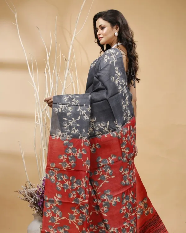 Nakshipar's Gray & Off White Floral Printed Tussar Saree with Red Pallu