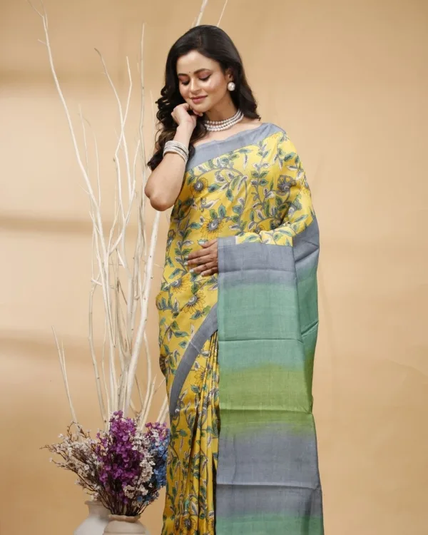 Nakshipar's Green & Gray Floral Print on Yellow Tussar Saree with Multicolour Pallu