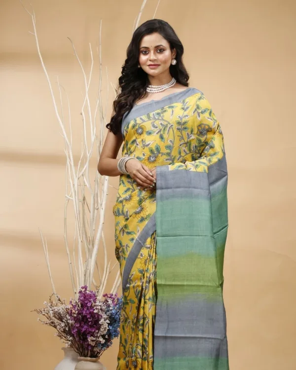 Nakshipar's Green & Gray Floral Print on Yellow Tussar Saree with Multicolour Pallu