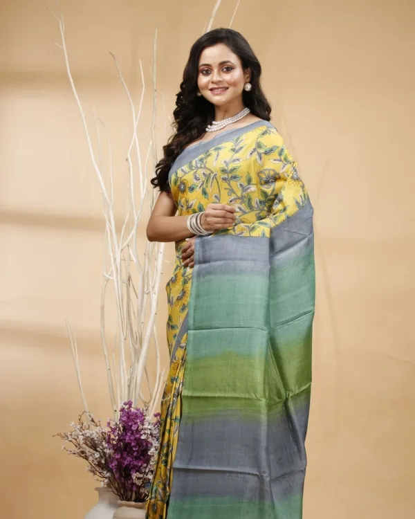 Nakshipar's Green & Gray Floral Print on Yellow Tussar Saree with Multicolour Pallu