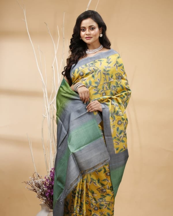 Nakshipar's Green & Gray Floral Print on Yellow Tussar Saree with Multicolour Pallu