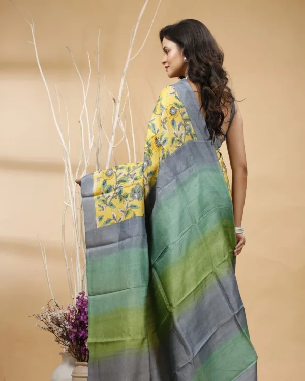 Nakshipar's Green & Gray Floral Print on Yellow Tussar Saree with Multicolour Pallu