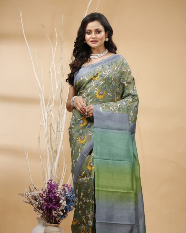 Nakshipar's Gray, Green and Yellow Floral Design on Mosh Green Tussar saree with Multicolour Pallu