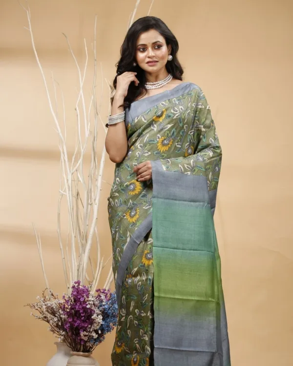 Nakshipar's Gray, Green and Yellow Floral Design on Mosh Green Tussar saree with Multicolour Pallu