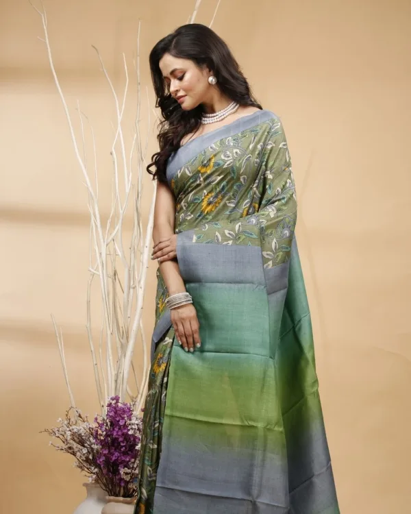 Nakshipar's Gray, Green and Yellow Floral Design on Mosh Green Tussar saree with Multicolour Pallu