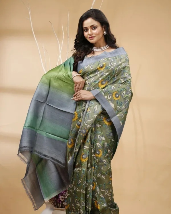 Nakshipar's Gray, Green and Yellow Floral Design on Mosh Green Tussar saree with Multicolour Pallu