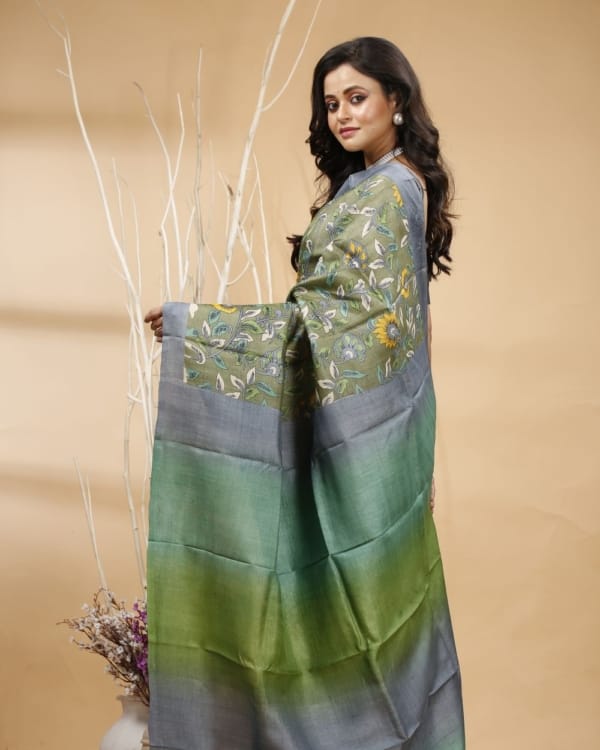 Nakshipar's Gray, Green and Yellow Floral Design on Mosh Green Tussar saree with Multicolour Pallu