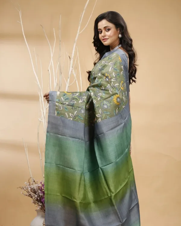 Nakshipar's Gray, Green and Yellow Floral Design on Mosh Green Tussar saree with Multicolour Pallu