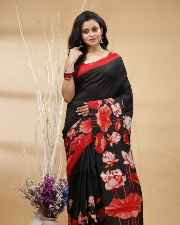 Nakshipar's Red Lotus Print on Black Tussar Saree