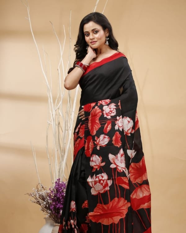 Nakshipar's Red Lotus Print on Black Tussar Saree