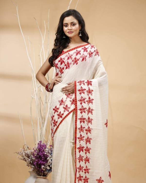 Nakshipar's Floral Gamcha Applique on White Colour Zari Border Cotton Saree