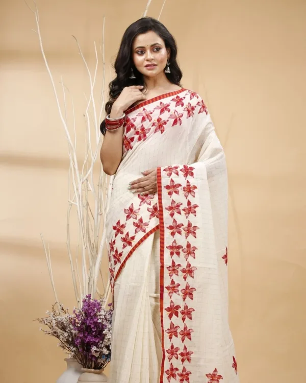 Nakshipar's Floral Gamcha Applique on White Colour Zari Border Cotton Saree