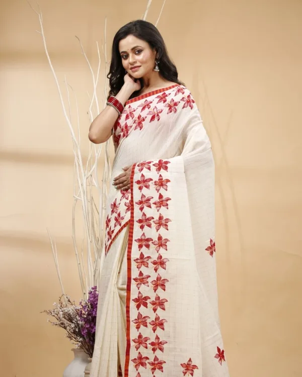 Nakshipar's Floral Gamcha Applique on White Colour Zari Border Cotton Saree