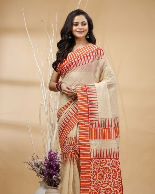 Nakshipar's Ajrakh with Block Print Mix & Match Cotton Saree