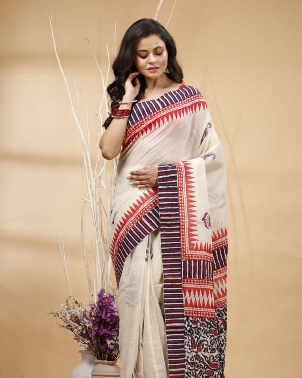 Nakshipar's Ajrakh with Block Print Mix & Match Cotton Saree