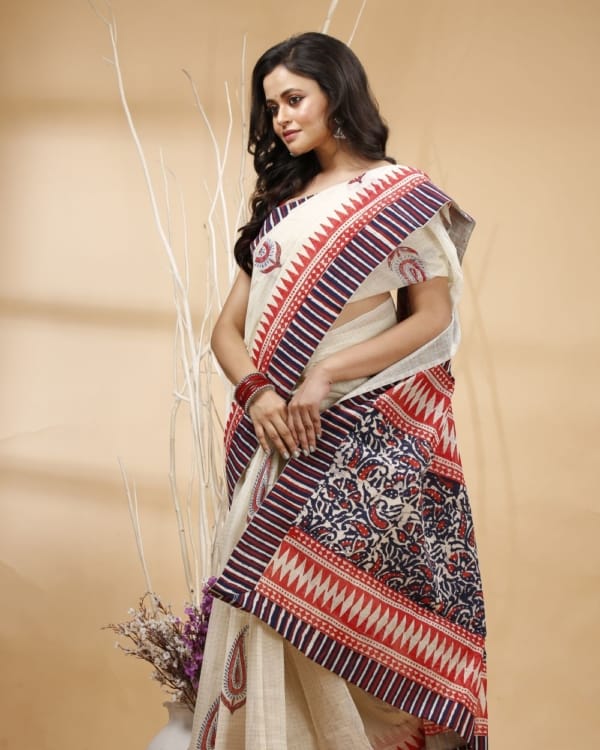 Nakshipar's Ajrakh with Block Print Mix & Match Cotton Saree