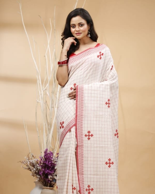 Nakshipar's Red Gujrati Embroidery on Checks White Cotton Saree