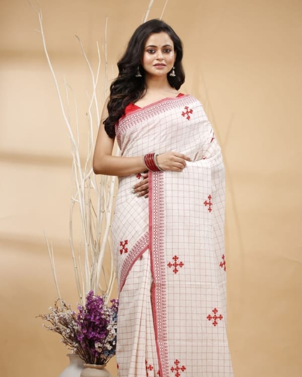 Nakshipar's Red Gujrati Embroidery on Checks White Cotton Saree