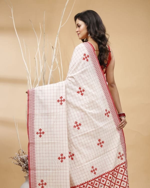 Nakshipar's Red Gujrati Embroidery on Checks White Cotton Saree