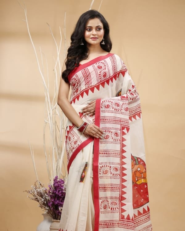 Nakshipar's Red Block Print with Handpaint on Red Border Cotton Saree